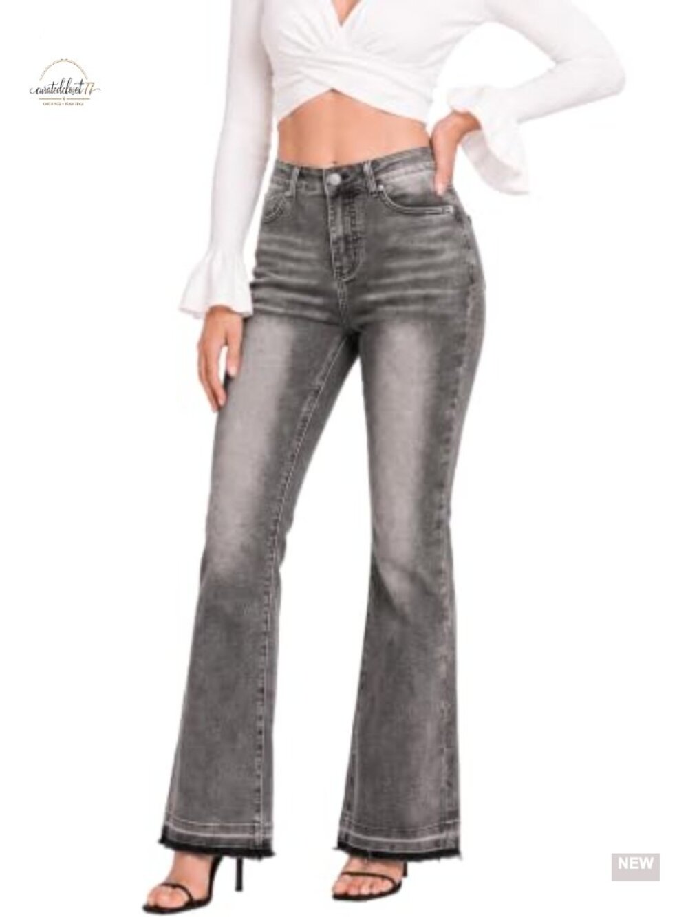 Women's High Waisted Flare Jeans Raw Hem Stretch Denim Pants